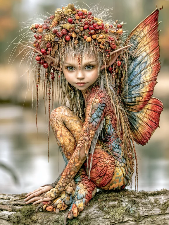 A young fairy with intricate, nature-inspired adornments sits on a