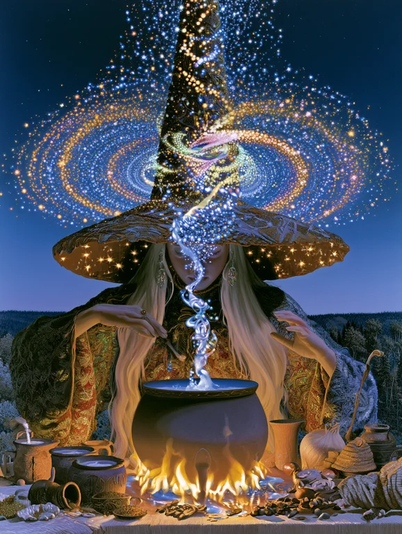 A witch wearing a large, star-studded hat casts a spell over a
