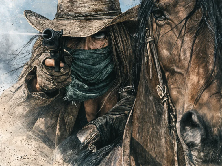 A gritty, close-up portrait of a cowboy aiming a pistol directly at
