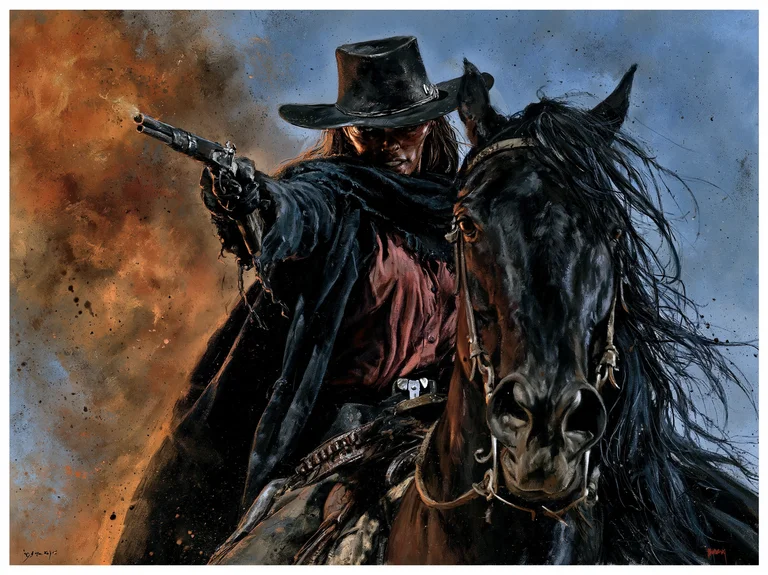 A lone cowboy on a black horse aims a pistol forward, firing a shot