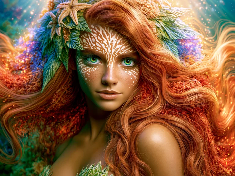 A mystical woman with vibrant red hair and striking green eyes is
