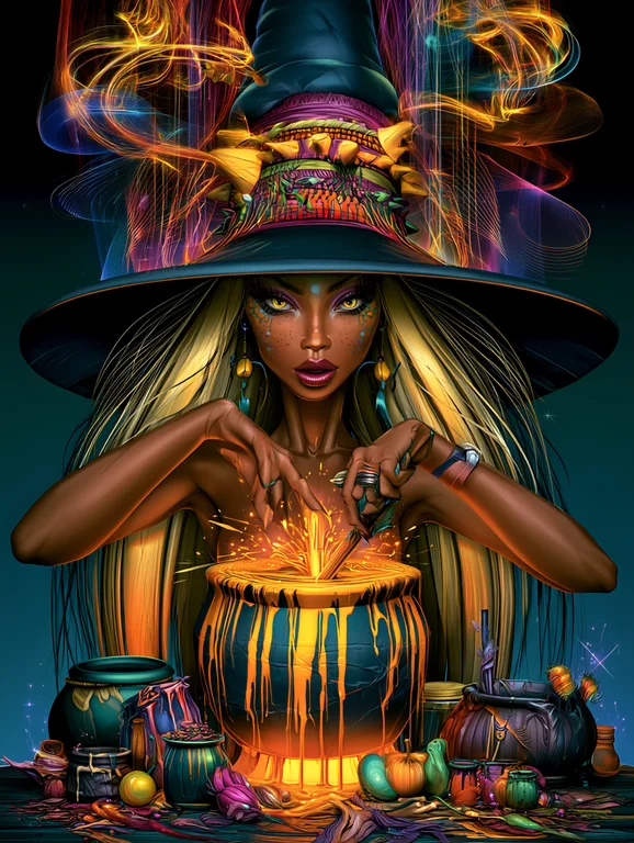 A striking witch with long blonde hair and a large, ornate hat is