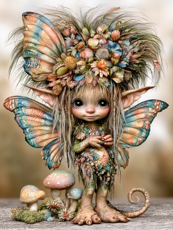A whimsical fairy with butterfly wings and a headdress made of