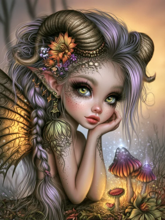 A whimsical fairy with large, expressive eyes and ram-like horns is