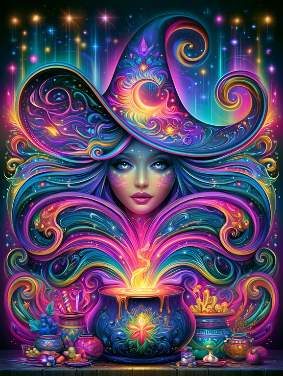 A mystical witch with vibrant, flowing hair and an ornate hat is
