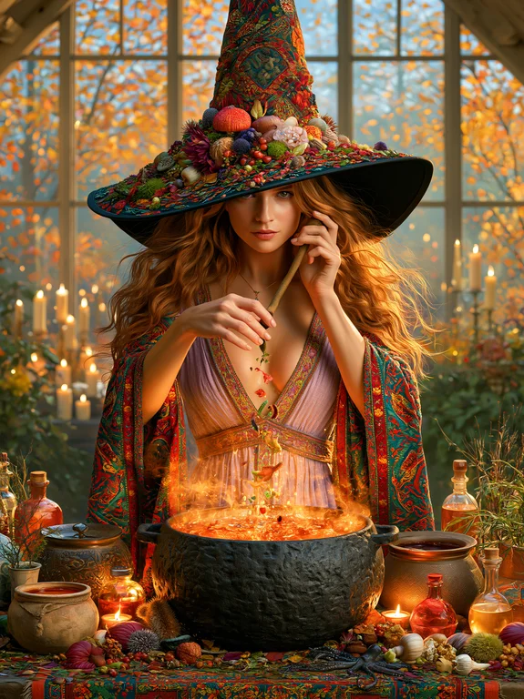 A beautiful witch with long, flowing red hair is brewing a potion in