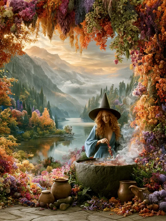 A young witch with long, wavy red hair stands in a vibrant, overgrown