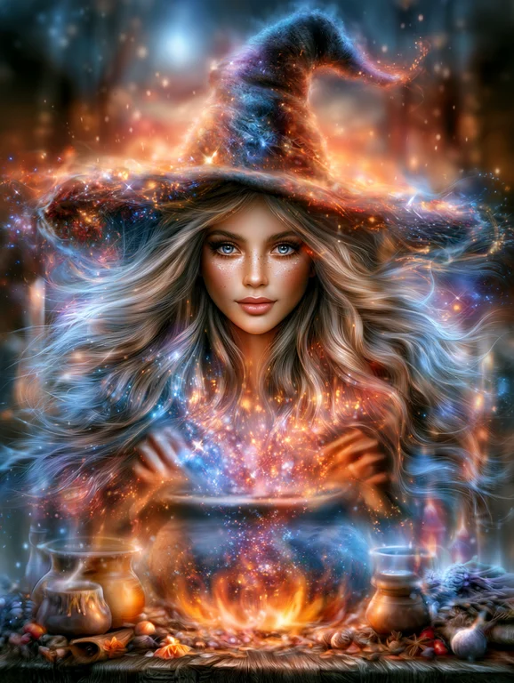 A young witch with long, flowing blonde hair and striking blue eyes