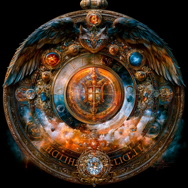 A highly ornate, circular, steampunk-inspired artifact is depicted