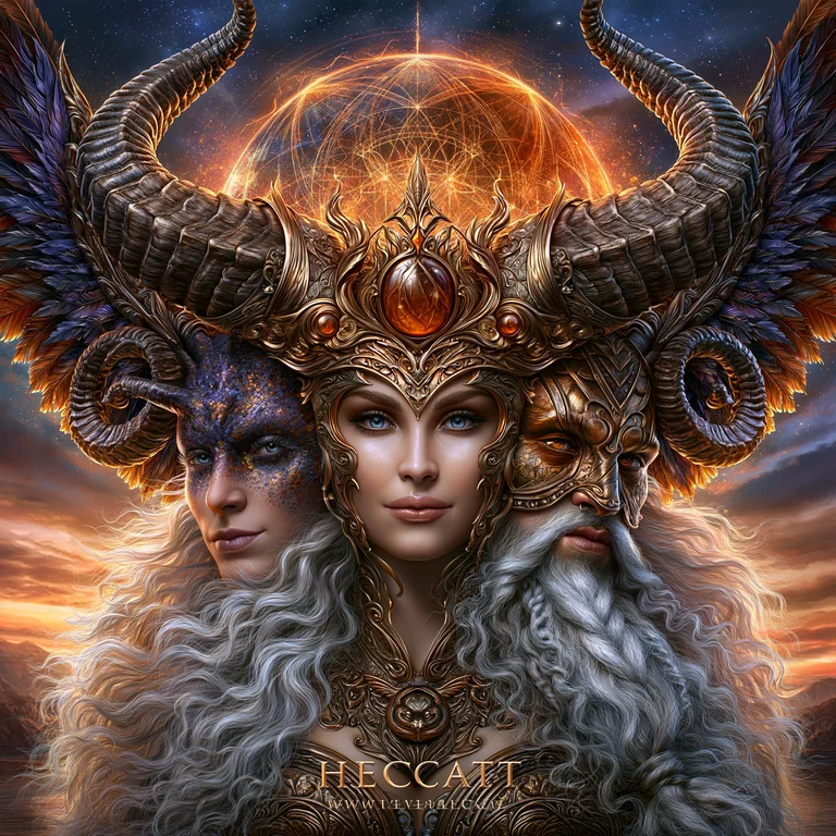 A triptych of faces, representing a divine or mythical being, is