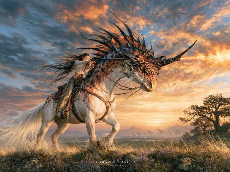 A young woman with long, flowing hair rides a majestic, dragon-like