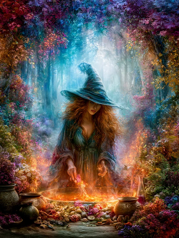 A witch with long, wavy red hair and a pointed hat is stirring a