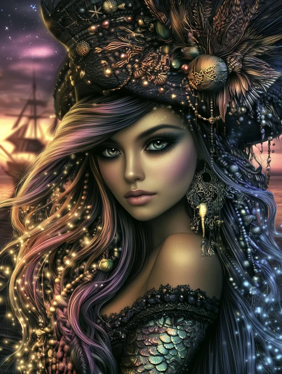 A beautiful woman with long, flowing hair adorned with lights and