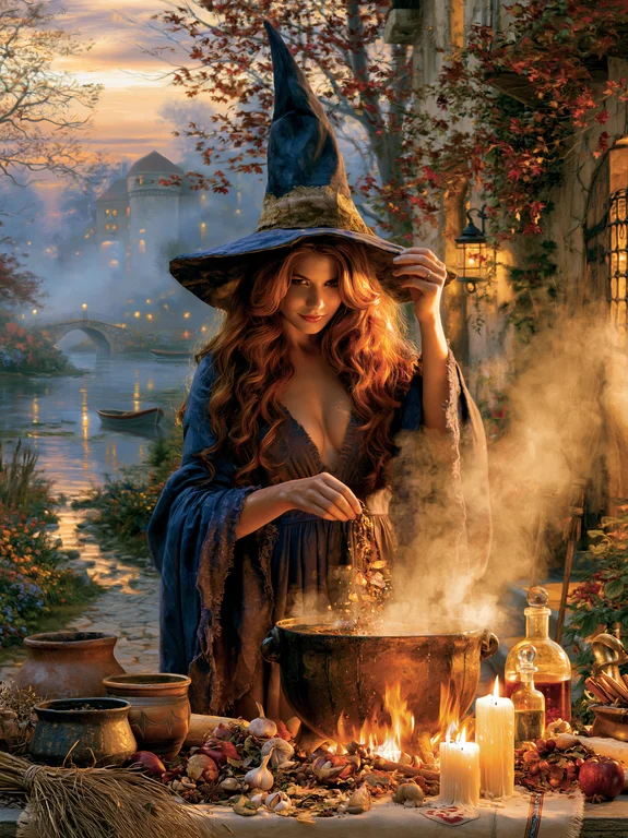 A beautiful witch with long, wavy red hair and a pointed hat is