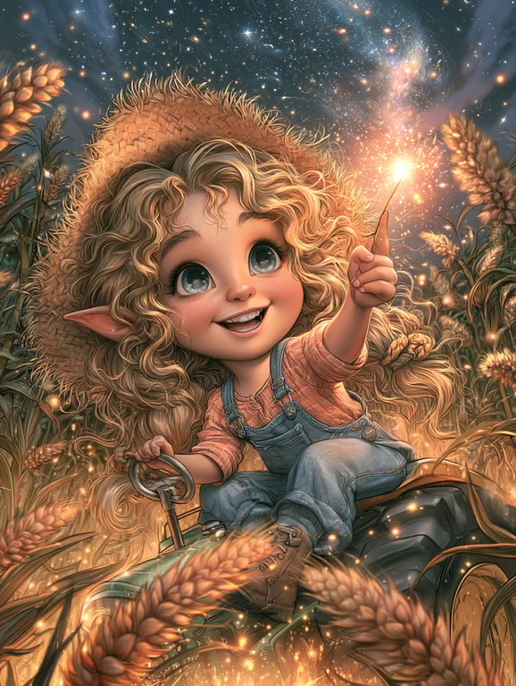 A young, joyful fairy-like child with curly blonde hair and pointed