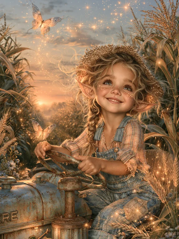 A young girl with pointed ears and freckles sits on a vintage tractor