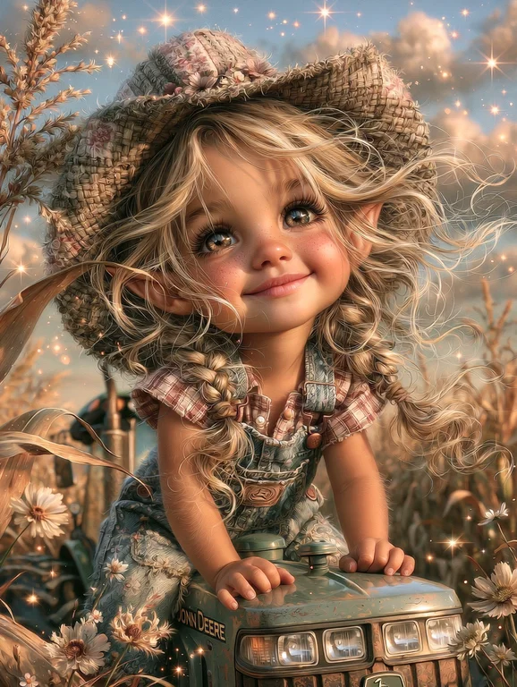 A young girl with pointed ears, wearing a straw hat and overalls,