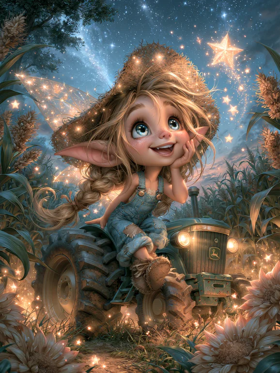 A whimsical fairy girl with large, expressive eyes and pointed ears