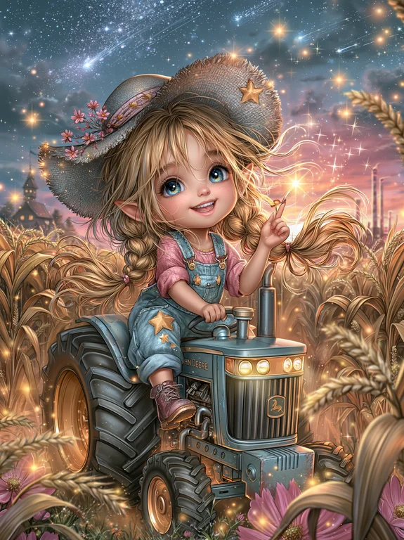A whimsical, stylized young girl with elf-like ears and blonde