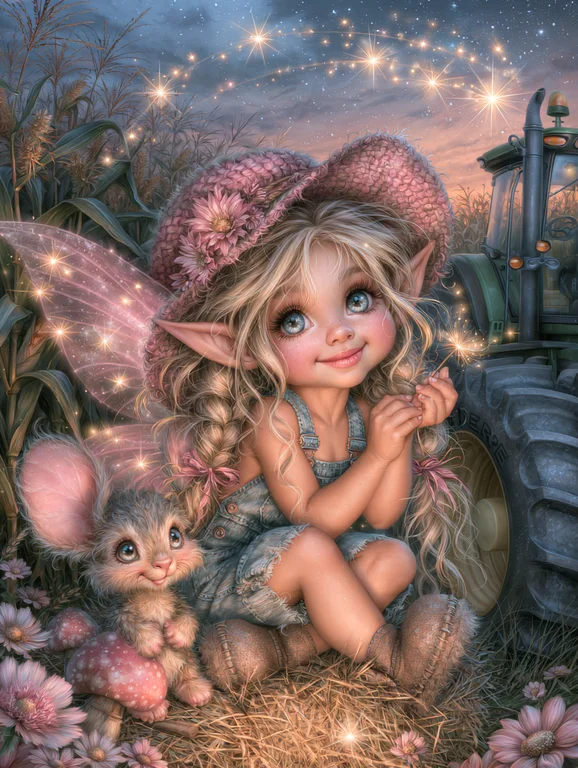 A whimsical fairy with large blue eyes and blonde braided hair sits