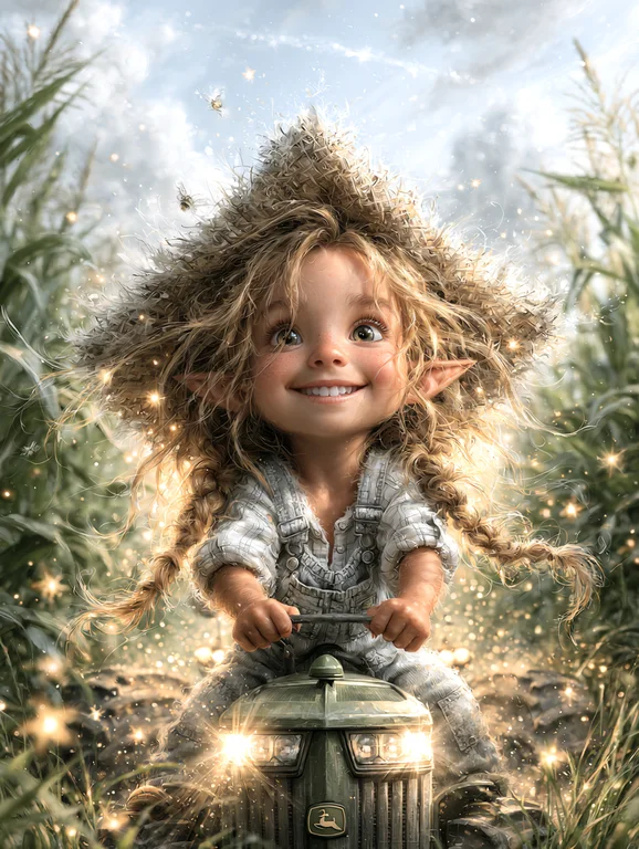 A young, whimsical fairy-like child with large, expressive eyes and