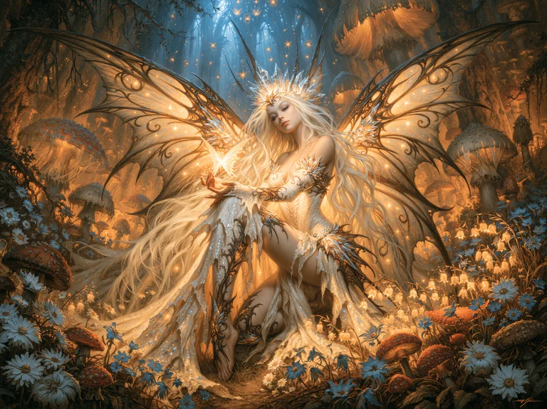A beautiful fairy with large, intricate wings sits in a magical