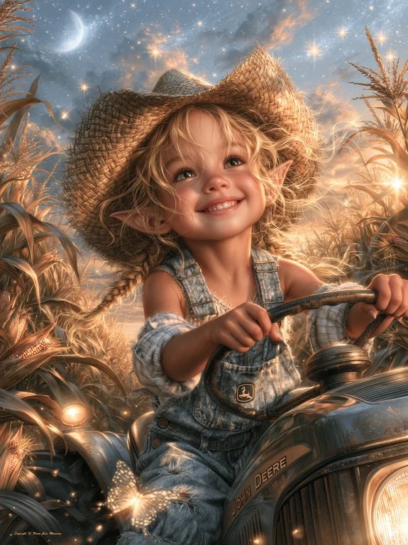A young girl with pointed ears, wearing a straw hat and denim