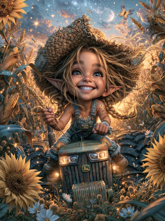A whimsical young elf girl with pointed ears and braided blonde hair