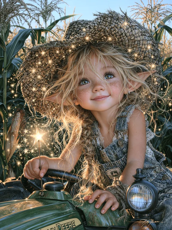 A young fairy girl with pointed ears and freckles sits on a green