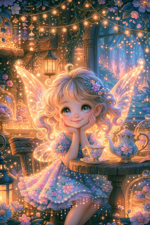 A young fairy with large, expressive eyes and shimmering wings sits