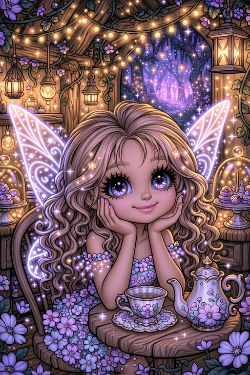 A whimsical fairy with large, expressive eyes and long, curly blonde