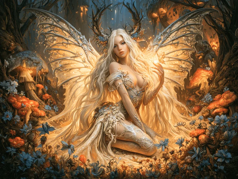 A beautiful fairy with large, intricate wings kneels in a magical