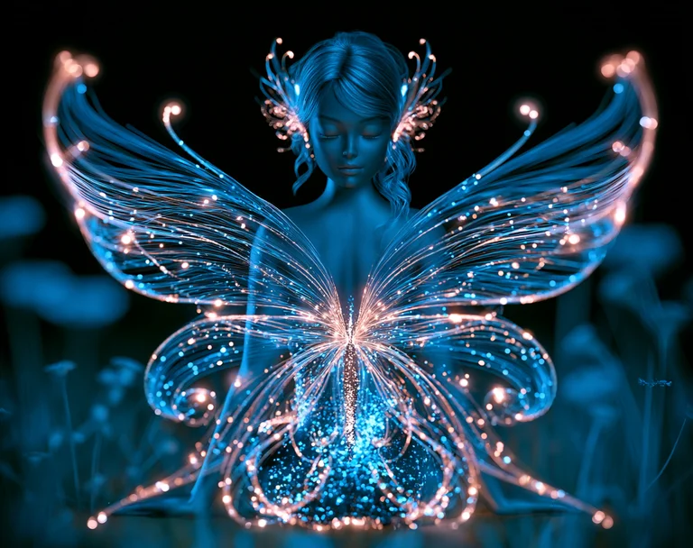 A serene, ethereal fairy with butterfly-like wings made of glowing