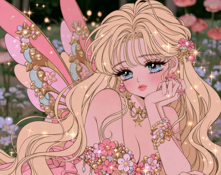A beautiful anime-style fairy with long blonde hair and large blue