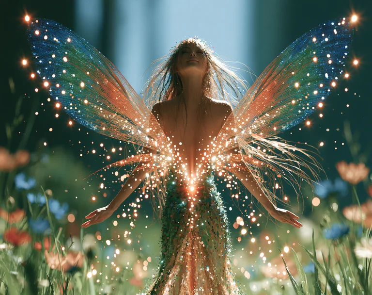 A ethereal fairy with large, iridescent wings is depicted in a lush