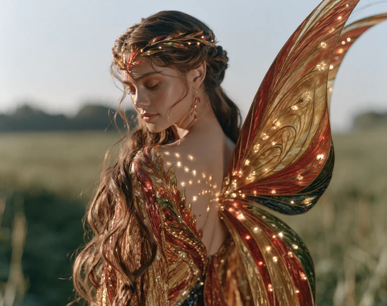 A beautiful fairy with large, iridescent wings is depicted in a field