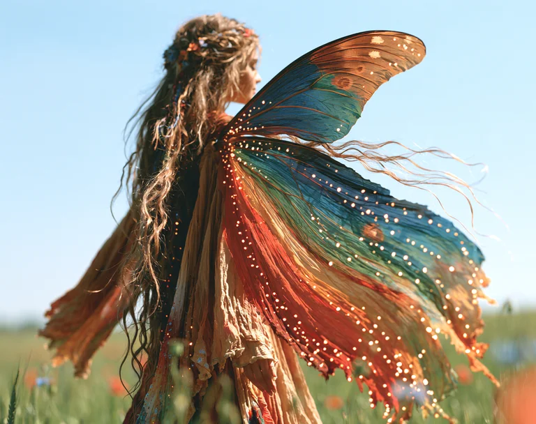 A young woman with large, colorful butterfly wings stands in a field