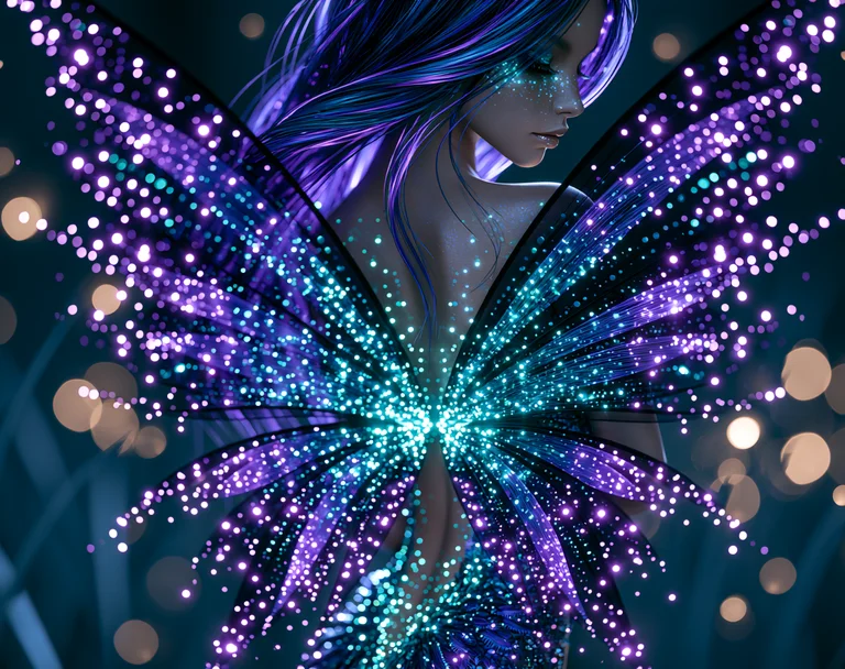 A mystical female figure with butterfly-like wings made of glowing