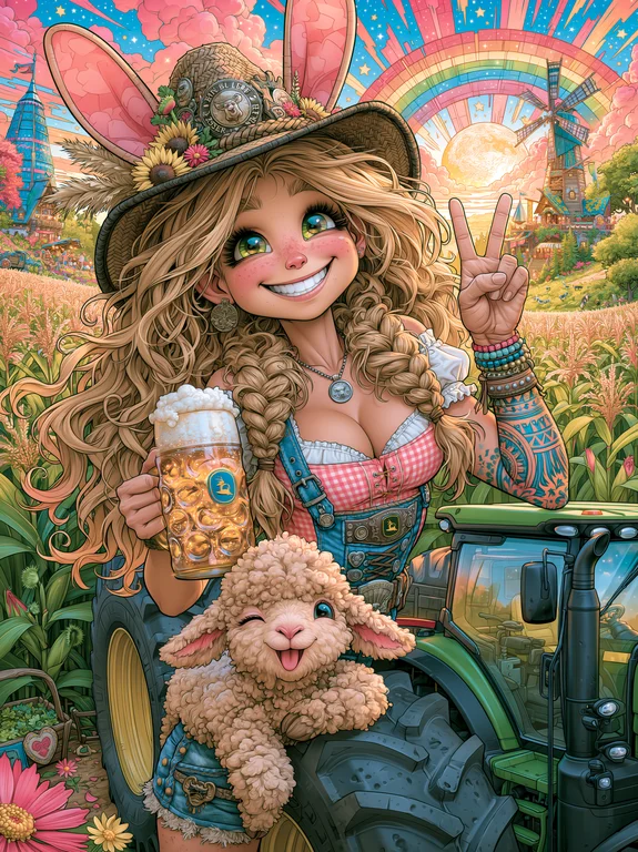 A cheerful young woman with bunny ears and a straw hat holds a large