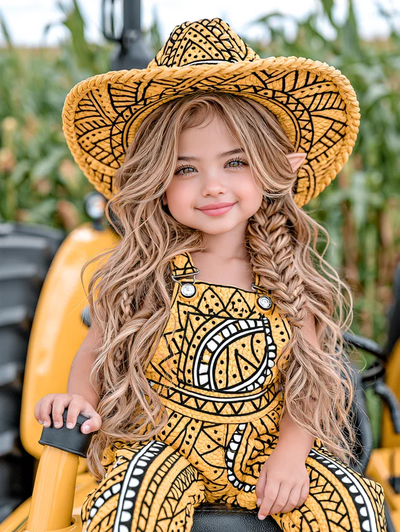 A young girl with striking green eyes and long, wavy blonde hair is