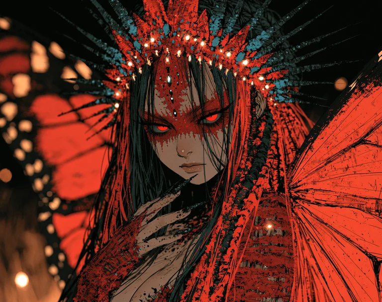 A striking portrait of a female character with glowing red eyes and