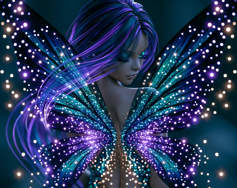 A mystical fairy with large, iridescent butterfly-like wings adorned