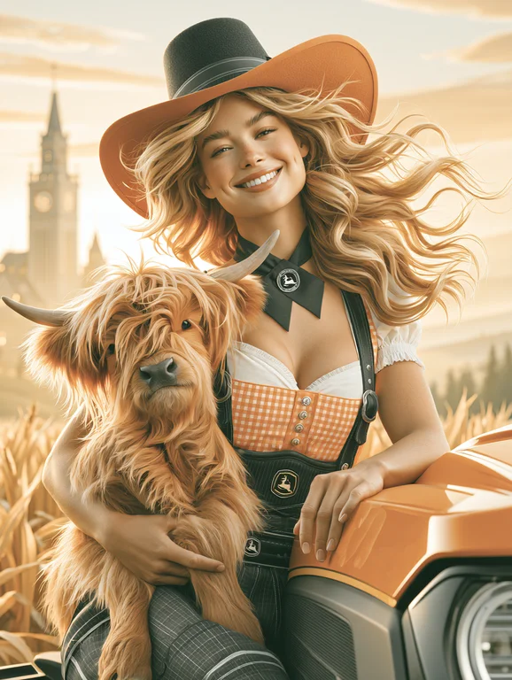 A smiling young woman in a cowboy hat and traditional Bavarian-style