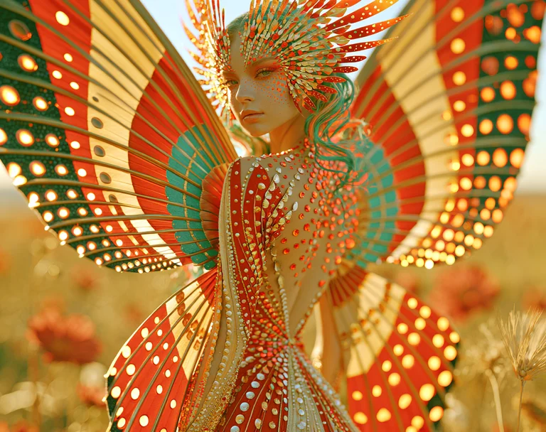 A fantastical woman with large, ornate butterfly wings is depicted in