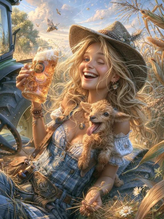 A young woman with blonde hair and a straw hat winks at the camera