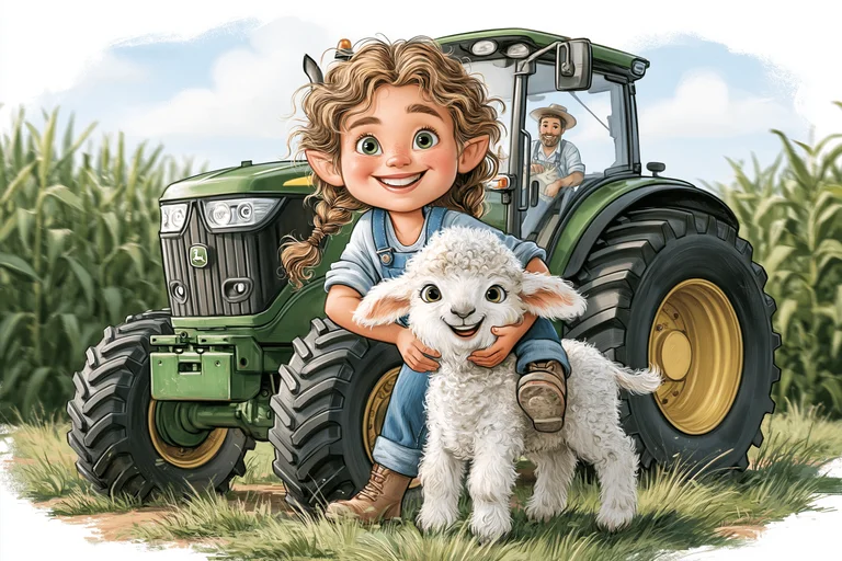 A young girl with curly blonde hair and big green eyes is happily