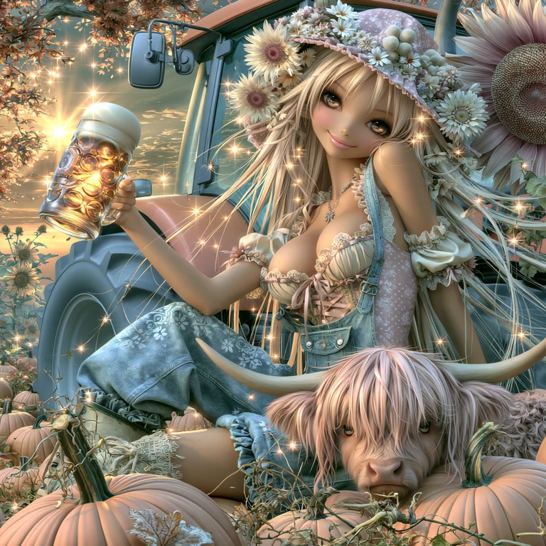 A young woman with long blonde hair and a flower-adorned hat sits in