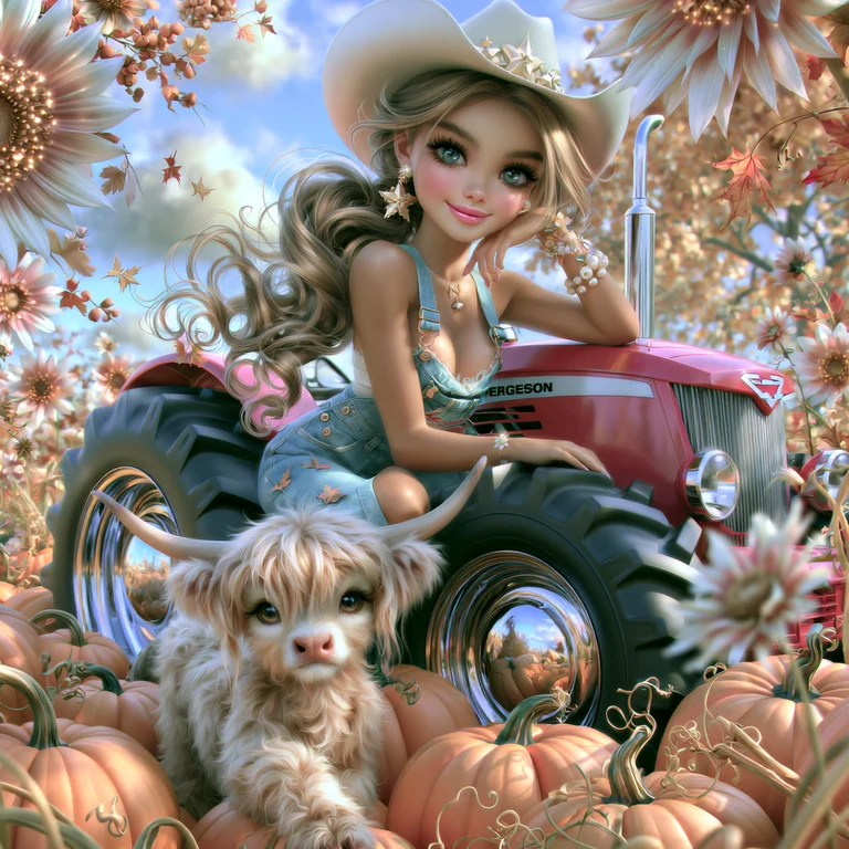 A young woman in a cowboy hat and denim overalls sits on a red