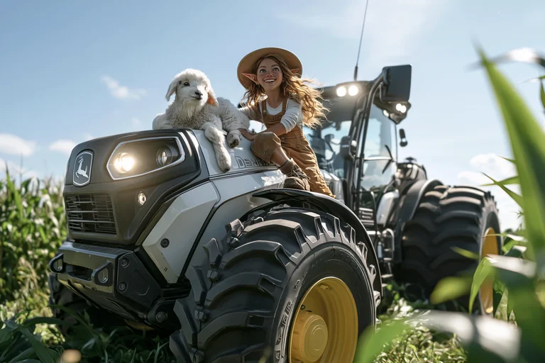A young girl with pointed ears and a wide smile sits on a tractor in