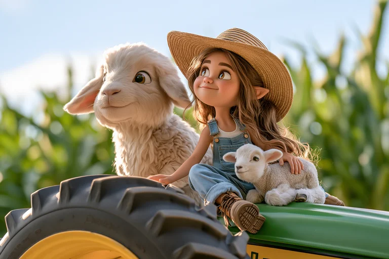 A young girl with pointed ears, wearing overalls and a straw hat,